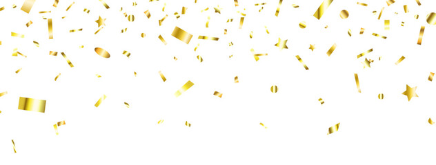 Gold confetti frame. Bright golden festive tinsel. Falling shiny confetti. Celebration banner. Party luxury background. Holiday design elements. Anniversary poster decoration. Vector illustration