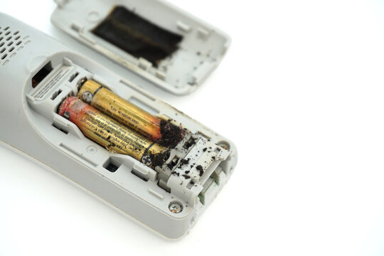 Damaged and corroded batteries in electronic devices isolated on white background.