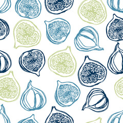Seamless pattern. Fruits are drawn in the form of a sketch. A flat image of the fruit in a cut form. Fig fruits. Drawing for tectil, tepography and various types of printing.