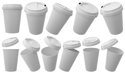 Paper coffee cups with white lid. Open and closed disposable paper cup realistic mockup. 3D rendered image.
