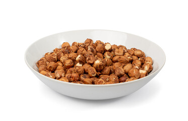 Nut Kernels, Hazelnuts Pile on Plate Isolated, Healthy Organic Nuts Group, Nut Kernels on White