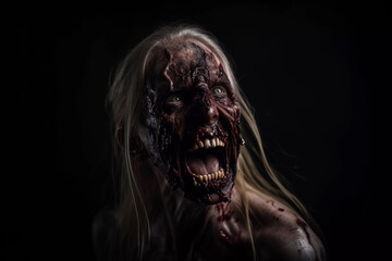 Close up portrait of a evil zombie blonde woman isolated on black background, Halloween, splatter  horror, generative ai