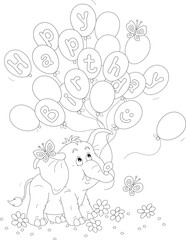 Birthday card with a happy baby elephant holding holiday balloons among flowers and merry butterflies, black and white outline vector cartoon illustration