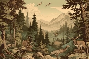 wallpaper whit forest and leaves, old drawing vintage - generative ai	