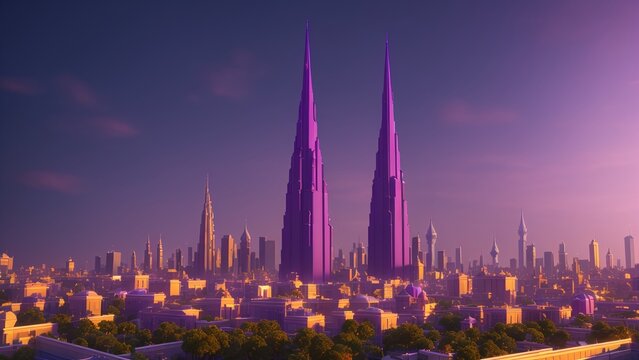 A Vivid Picture Of A City With Tall Buildings And A Purple Sky AI Generative