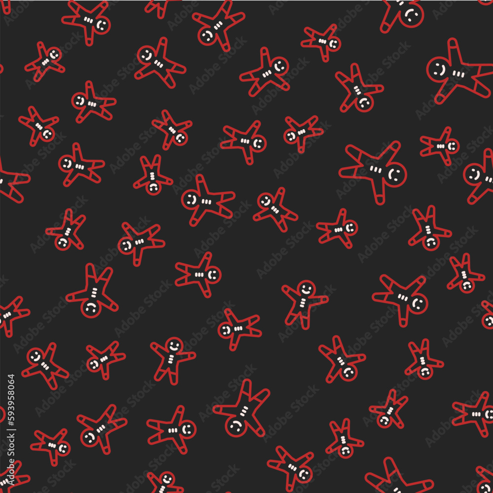 Poster line holiday gingerbread man cookie icon isolated seamless pattern on black background. cookie in sh