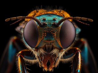 An insect has a colorful striped face macro close-up. Generative AI