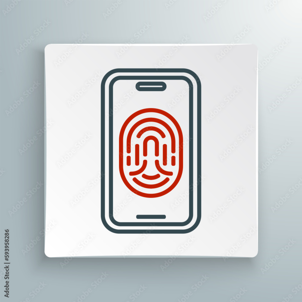 Poster line smartphone with fingerprint scanner icon isolated on white background. concept of security, per
