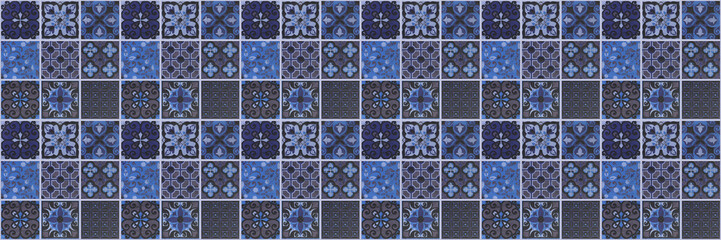 Old seamless blue vintage worn geometric shabby mosaic ornate patchwork motif porcelain stoneware...