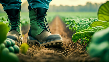 Fototapeta premium close-up of a farmer's feet in rubber boots walking in field green plants with agricultural vehicle background, Generative AI