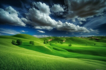 Beautiful field nature landscape background panorama with blooming glade, trees, hills and blue sky, generative ai