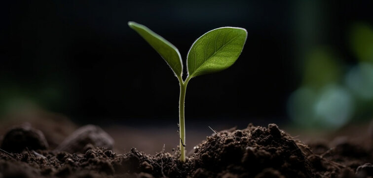 Plant grows macro, green farming and plant growth is set against with blurry backdrop, sprouting from seed and developing into a seedling, concept of eco nature agriculture, generated ai