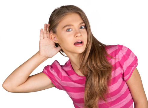 Portrait of a Surprised Young Girl Holding her Hand Near her Ear
