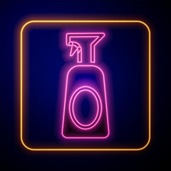 Glowing neon Cleaning spray bottle with detergent liquid icon isolated on black background. Vector