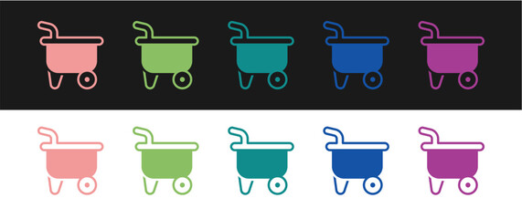 Set Wheelbarrow icon isolated on black and white background. Tool equipment. Agriculture cart wheel farm. Vector