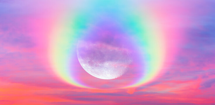 Full moon rising over empty sea with double sided rainbow at amazing red sunset