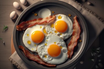 Eggs and bacon on the table with flowers. Top view. 
