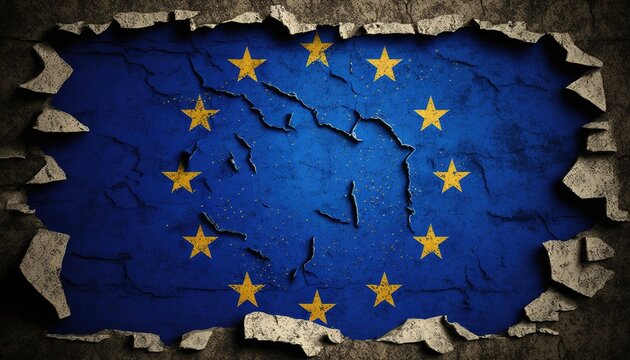 Bröckelnde EU Flagge auf einer Wand. Ausdruck für eine zerrissene, uneinige und zerbröselnde EU. Generativ KI