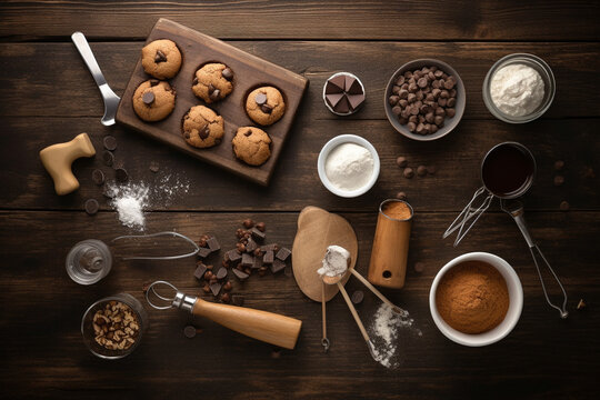 Making a chocolate cake. Top view of a kitchen table with ingredients and tools. Generative AI