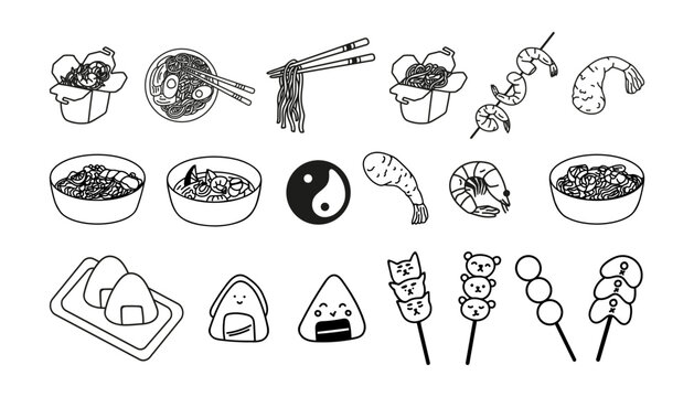 Asian food, hand drawn doodle onigiri, shrimp, dango, pho bo soup, pad thai, tom yum, udon noodles