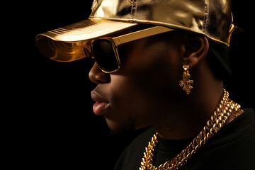 Stylish man, rapper in golden outfit, futuristic fashion. AI