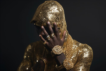 Stylish man, rapper in golden outfit, futuristic fashion. AI - obrazy, fototapety, plakaty
