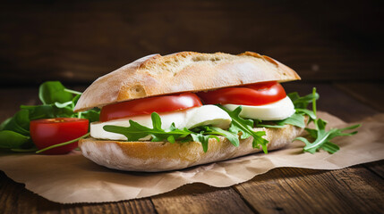 Caprese sandwich with fresh mozzarella, arugula and tomatoes. AI