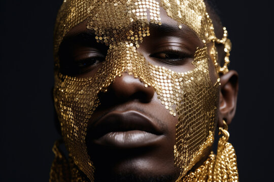 Rapper in golden outfit, futuristic fashion. AI