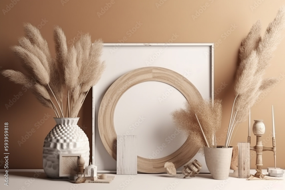 Poster interior design nomadic boho style with an empty frame mockup. generative ai