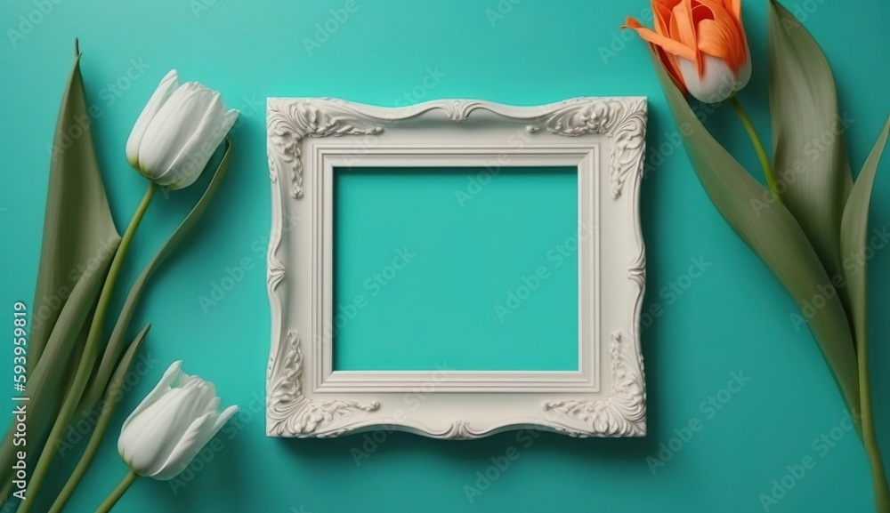 Aufkleber high angle view of white photo frame and tulip on turquoise background generative ai