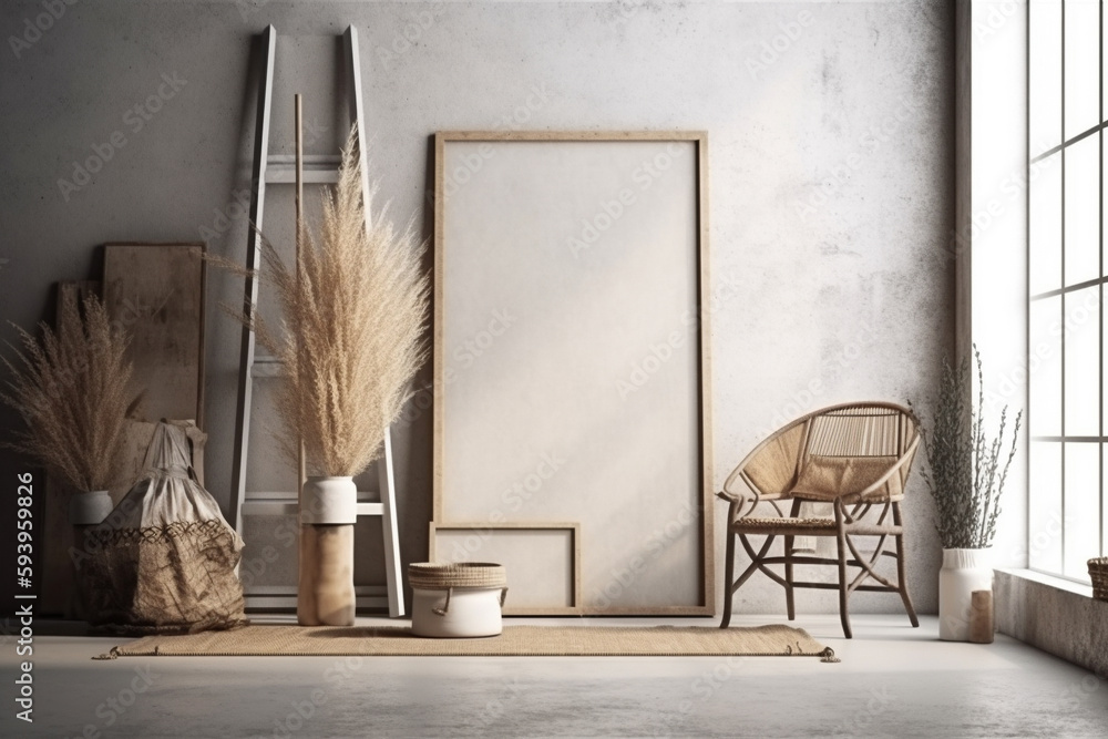 Poster interior design nomadic boho style with an empty frame mockup. generative ai