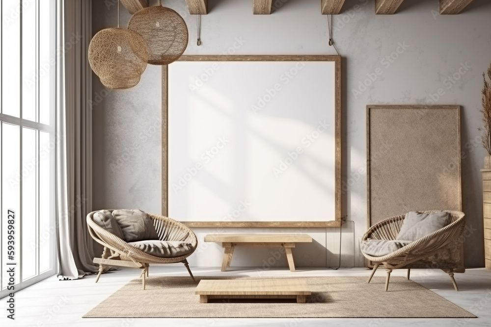 Poster interior design nomadic boho style with an empty frame mockup. generative ai