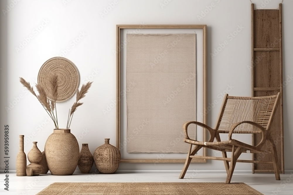 Aufkleber interior design nomadic boho style with an empty frame mockup. generative ai