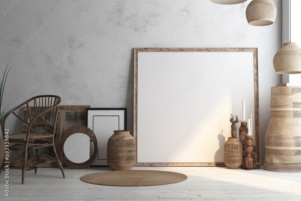 Poster interior design nomadic boho style with an empty frame mockup. generative ai