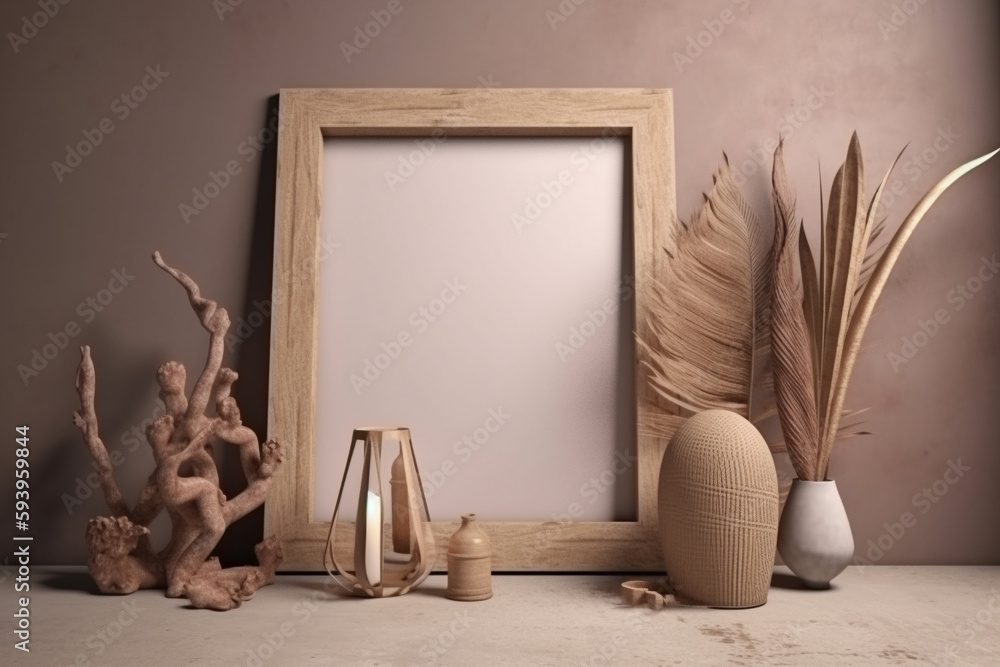 Poster interior design nomadic boho style with an empty frame mockup. generative ai