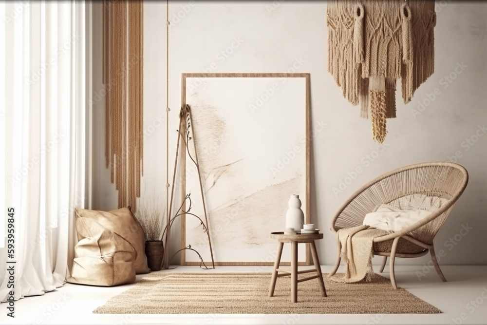 Poster interior design nomadic boho style with an empty frame mockup. generative ai
