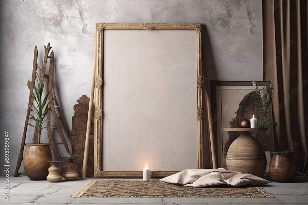 Poster interior design nomadic boho style with an empty frame mockup. generative ai