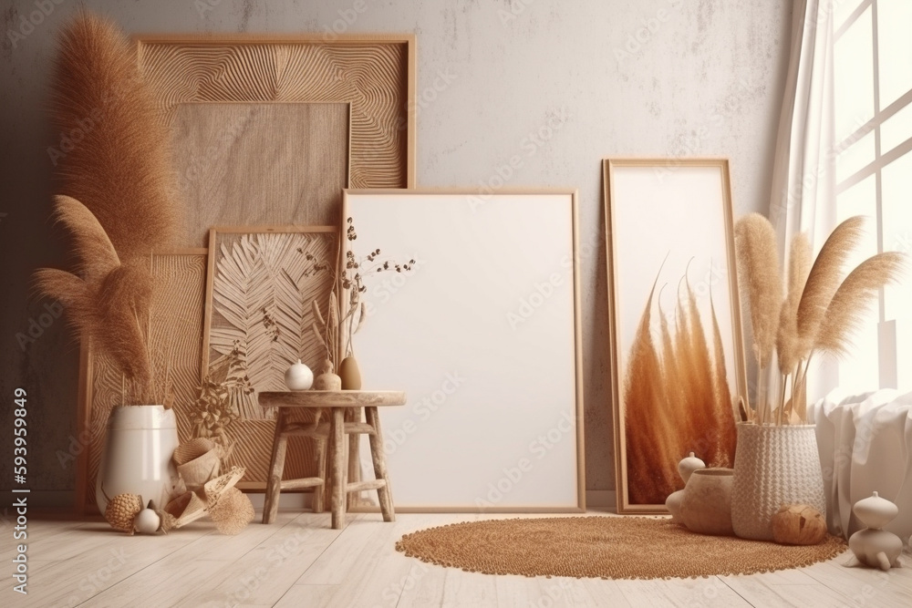 Poster interior design nomadic boho style with an empty frame mockup. generative ai