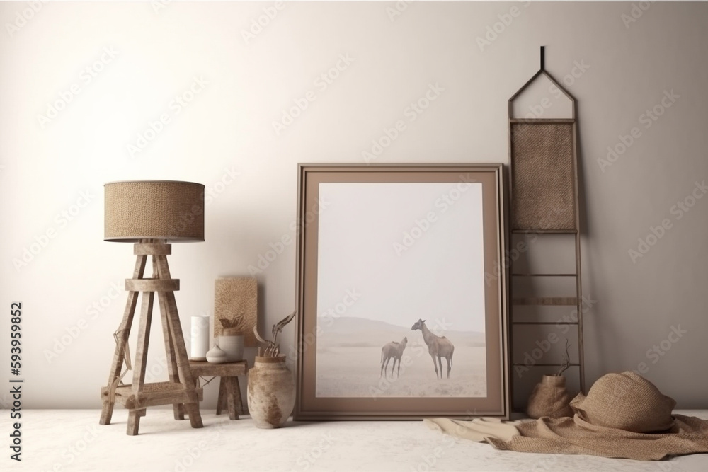Poster interior design nomadic boho style with an empty frame mockup. generative ai