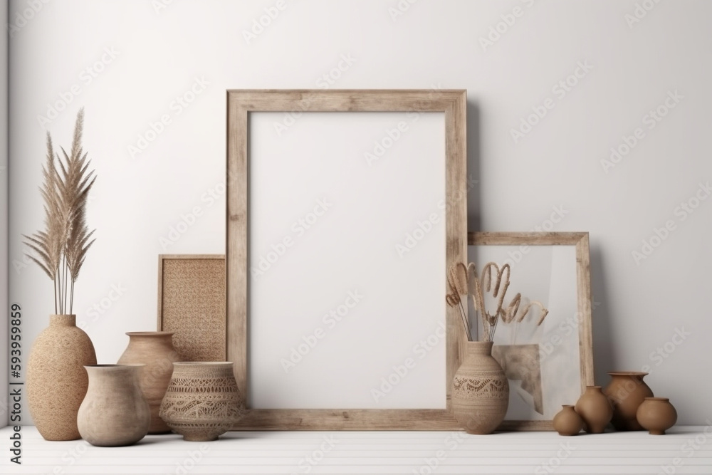 Poster interior design nomadic boho style with an empty frame mockup. generative ai