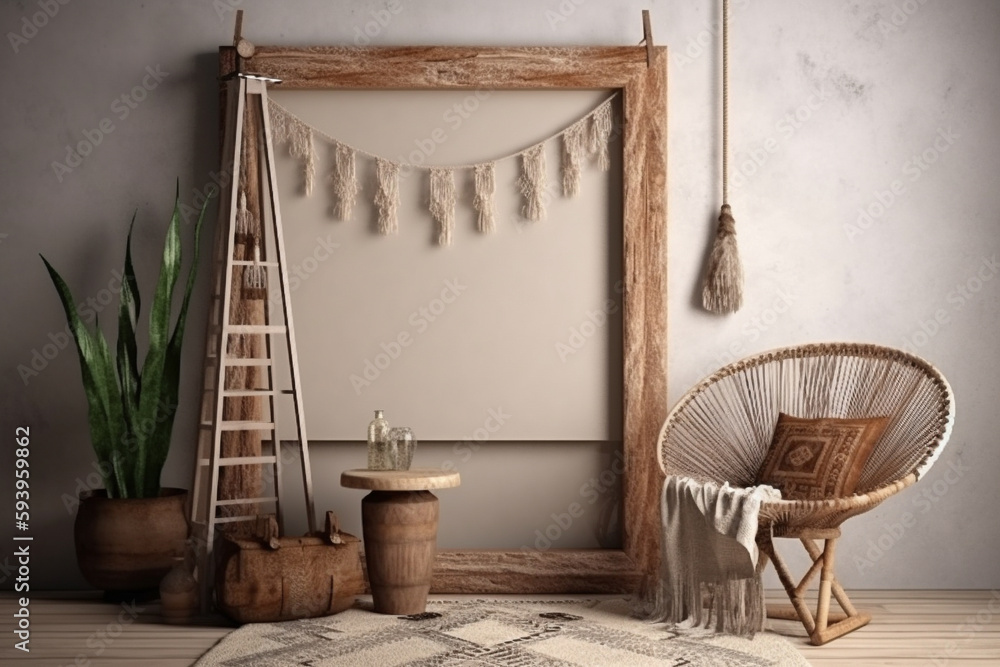 Poster interior design nomadic boho style with an empty frame mockup. generative ai