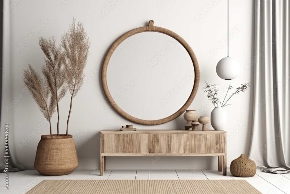 Poster interior design nomadic boho style with an empty frame mockup. generative ai