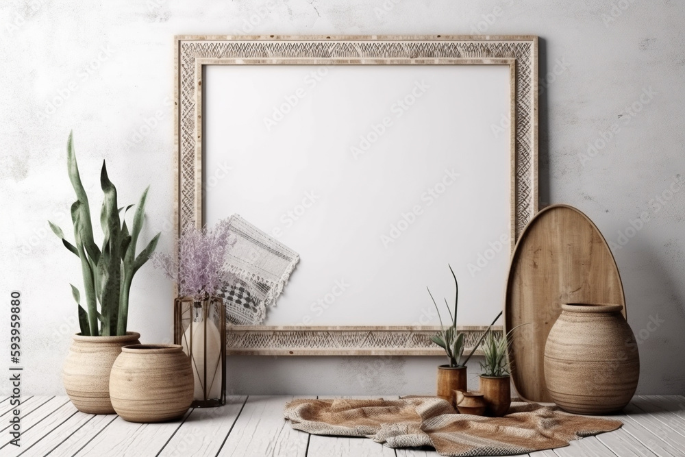 Aufkleber interior design nomadic boho style with an empty frame mockup. generative ai