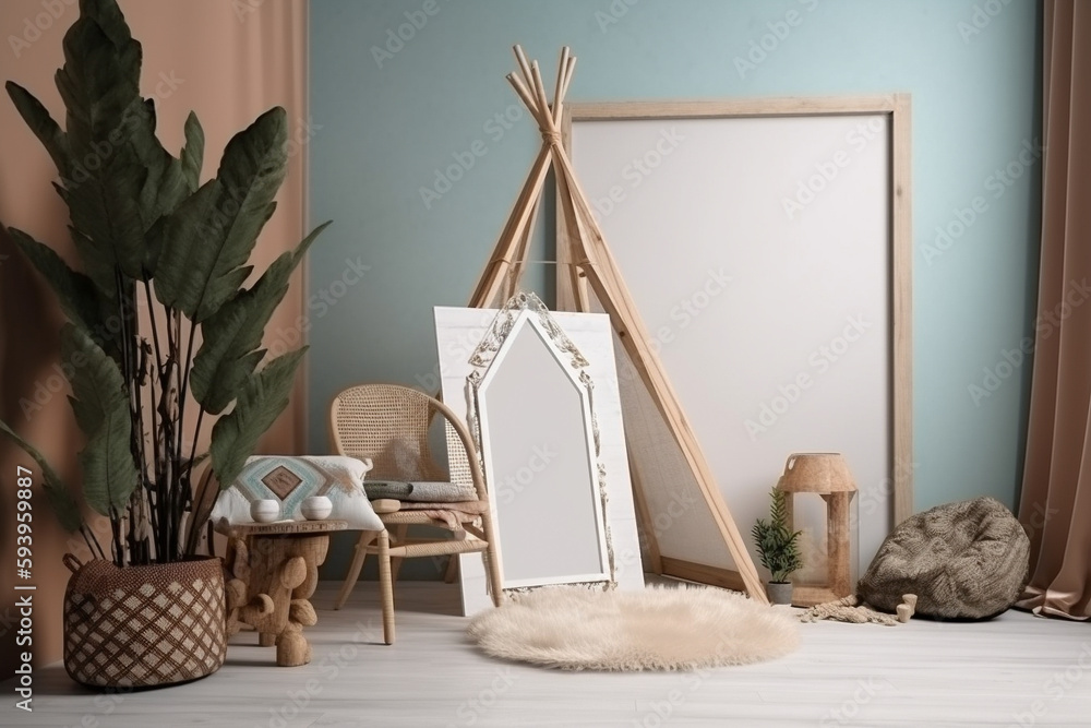 Poster interior design nomadic boho style with an empty frame mockup. generative ai