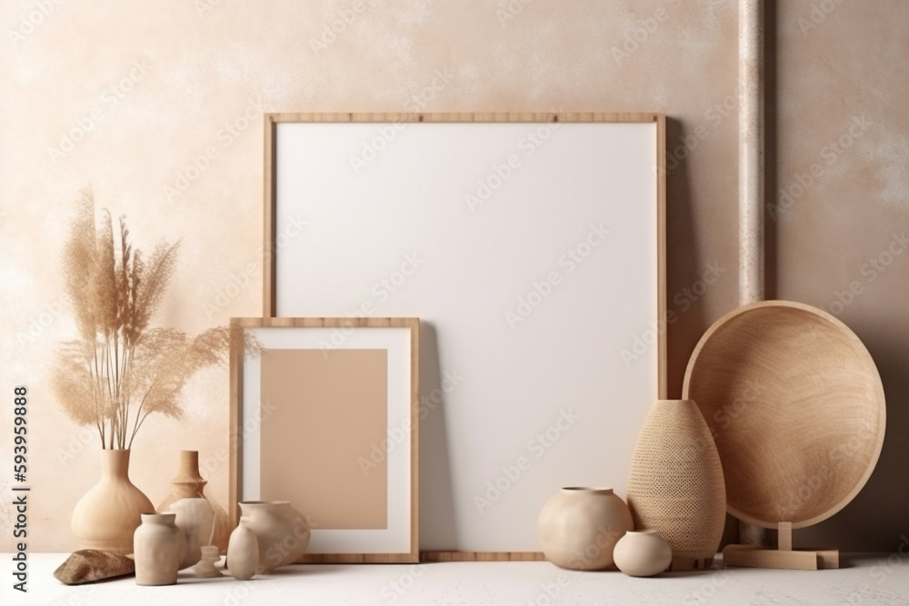 Poster interior design nomadic boho style with an empty frame mockup. generative ai