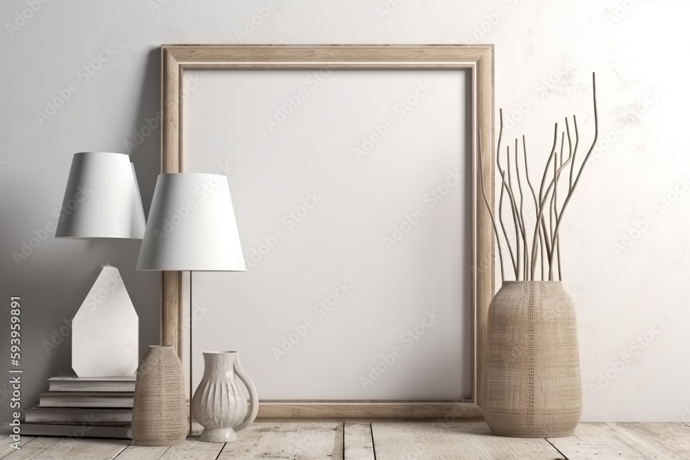 Poster interior design nomadic boho style with an empty frame mockup. generative ai