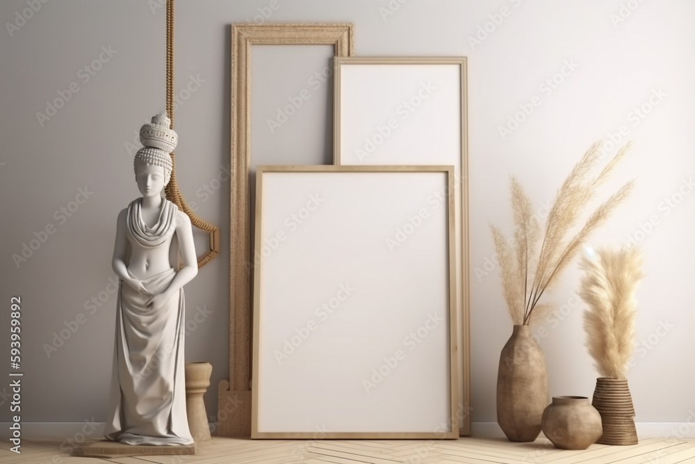 Poster interior design nomadic boho style with an empty frame mockup. generative ai