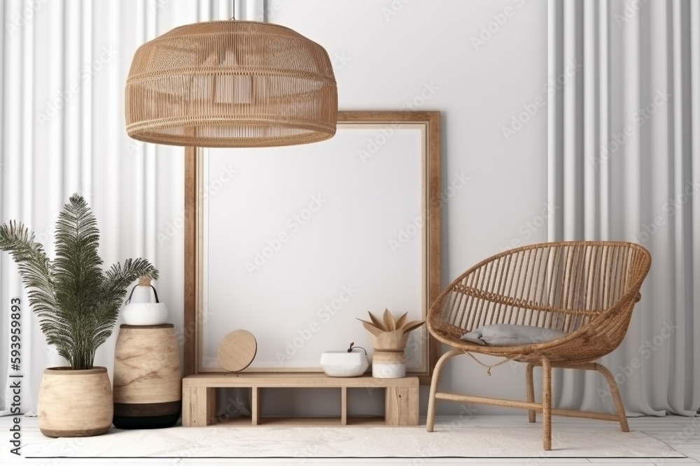 Poster interior design nomadic boho style with an empty frame mockup. generative ai