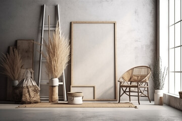Interior design nomadic boho style with an empty frame mockup. Generative AI
