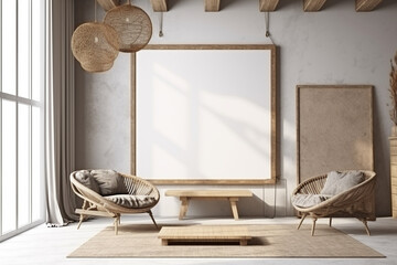 Interior design nomadic boho style with an empty frame mockup. Generative AI